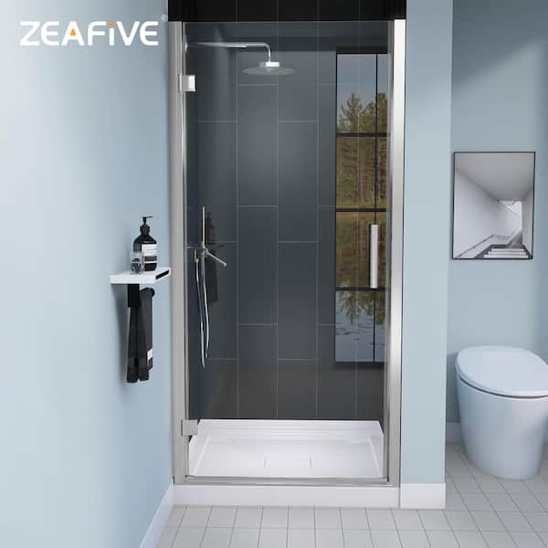 Zeafive 36 to 37-1/4 in. W x 72 in. H Pivot Swing Frameless Single Shower Door in Chrome Finish with Tempered Glass Left Hinged