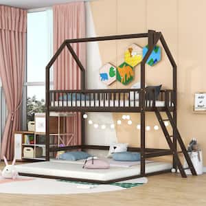 Espresso Wood Frame Twin over Twin-Twin House Bunk Bed with Inclined ladder and Full-Length Guardrail