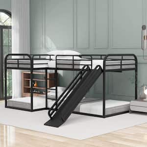 Black L-Shaped Full and Twin Size Metal Bunk Bed with Slide and Ladder