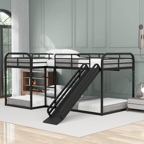 Harper & Bright Designs Black L-Shaped Full and Twin Size Metal Bunk Bed with Slide and Ladder
