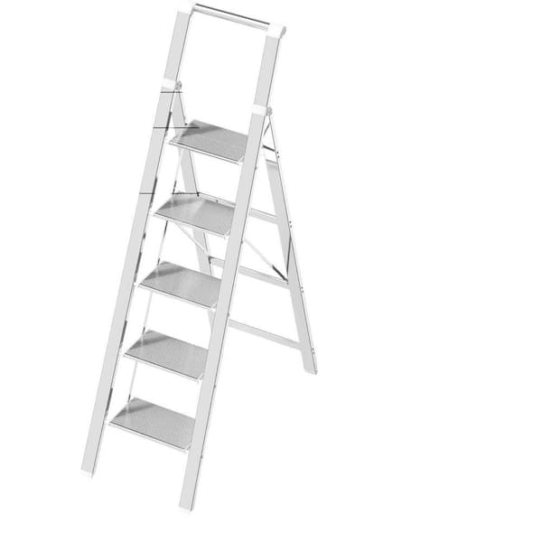 Foldable Reach 5 Ft. Step Ladder for 10 ft. High Ceiling, White Iron with Anti-Slip Wide Pedal and Handgrip, 300 lbs.