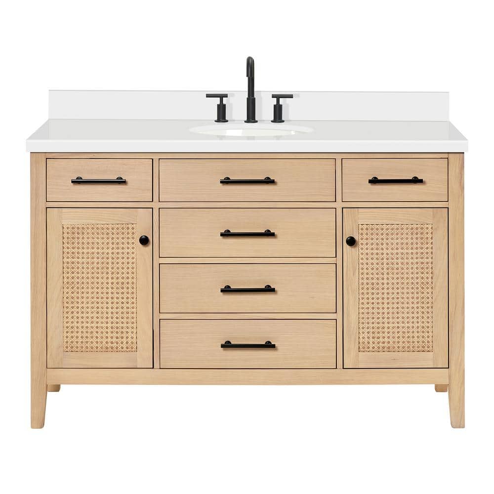 Camila 55" Light Brown Wood Single Sink Vanity with White Quartz Top