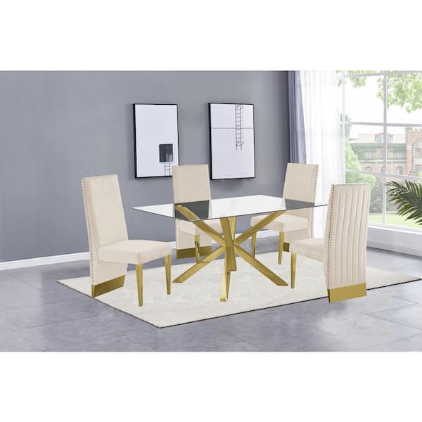 Best Quality Furniture Tom 5-Piece Rectangle Glass Top with Gold Stainless Steel Base Table Set with 4-Cream Velvet Chair W/ Nail Head Trim