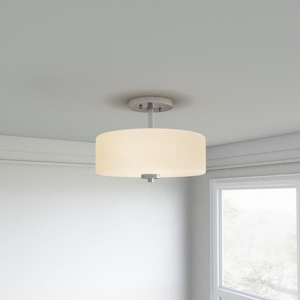 Hampton Bay 14 in. 3-Light Brushed Nickel Semi-Flush Mount with White Glass Drum Shade