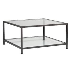 Camber 30 in. Modern 2-Tier Small Square Coffee Table with Metal Frame and Tempered Glass