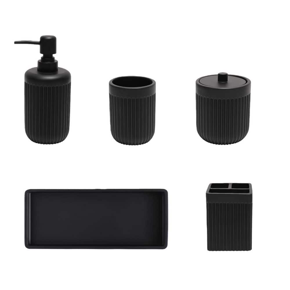 5-Piece Bathroom Accessory Set with Soap Dispenser, Toothbrush Holder, Tumbler, Qtip Holder and Vanity Tray in Black price history on PriceWatchPro