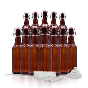 12-Pack 16 oz. Brown Glass Beer Bottles with Swing Top Stoppers, Bottle Brush, Funnel, and Gold Glass Marker