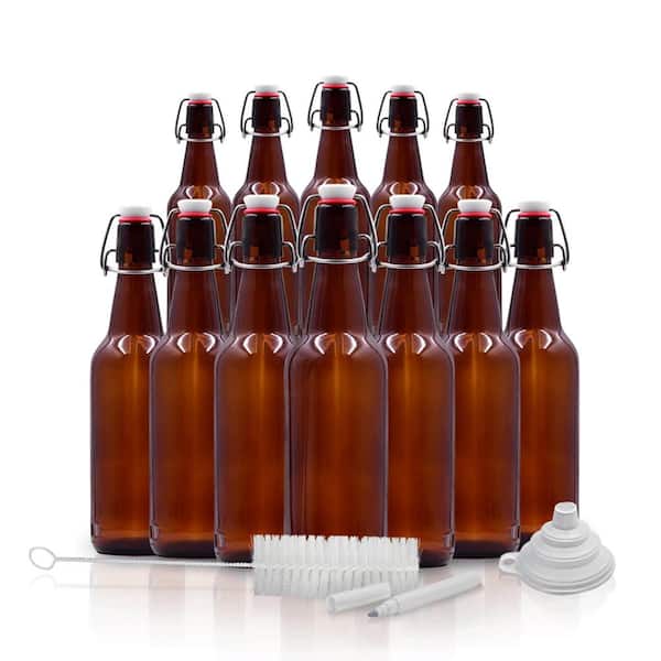 Nevlers 12-Pack 16 oz. Brown Glass Beer Bottles with Swing Top Stoppers, Bottle Brush, Funnel, and Gold Glass Marker