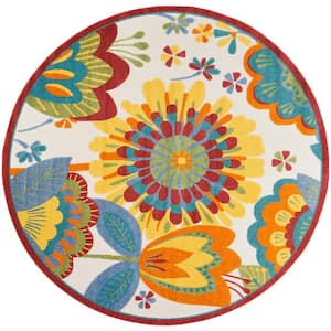 Aloha Multicolor 8 ft. x 8 ft. Round Floral Contemporary Indoor/Outdoor Patio Area Rug