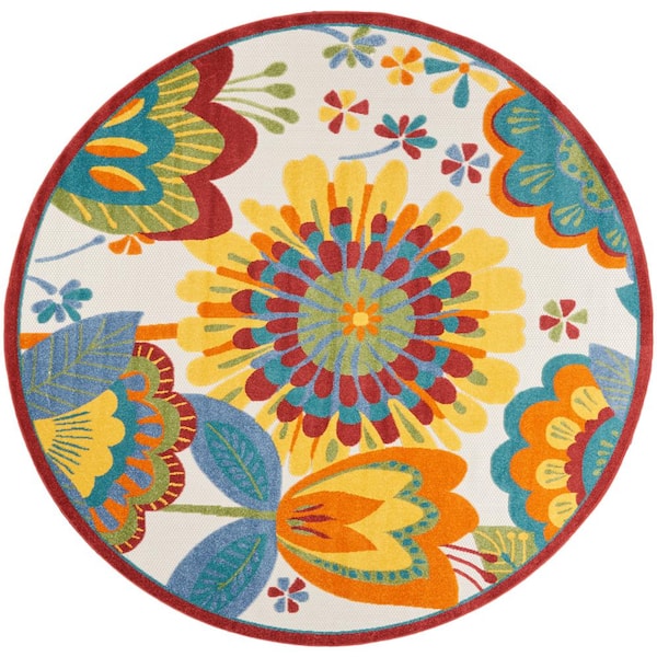 Nourison Aloha Multicolor 8 ft. x 8 ft. Round Floral Contemporary Indoor/Outdoor Patio Area Rug