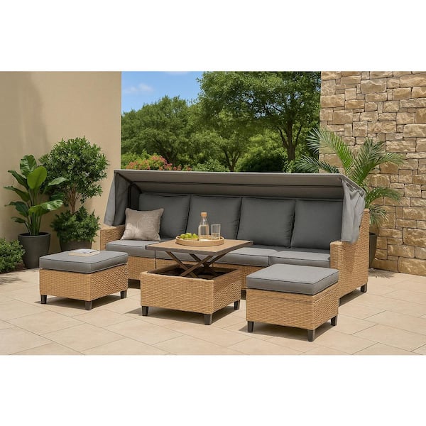 Runesay 4-Piece Resin Rattan Wicker Outdoor Patio Conversation Sectional Sofa Set with Retractable Canopy Brown Cushions