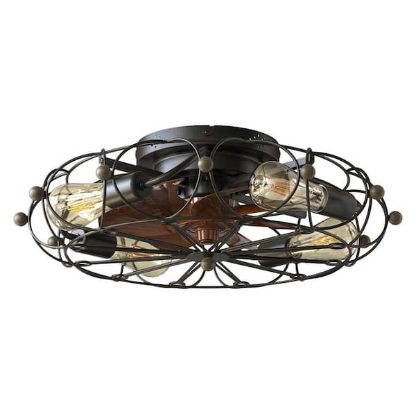 20 in. 4-Light Low Profile Caged Black Indoor/Outdoor Flush Mount Ceiling Fan with Light and Remote control