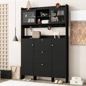 82 in. H x 55 in. W Black Shoe Storage Cabinet with 3-Flip Drawers, 4-Hooks and Tempered Glass Doors