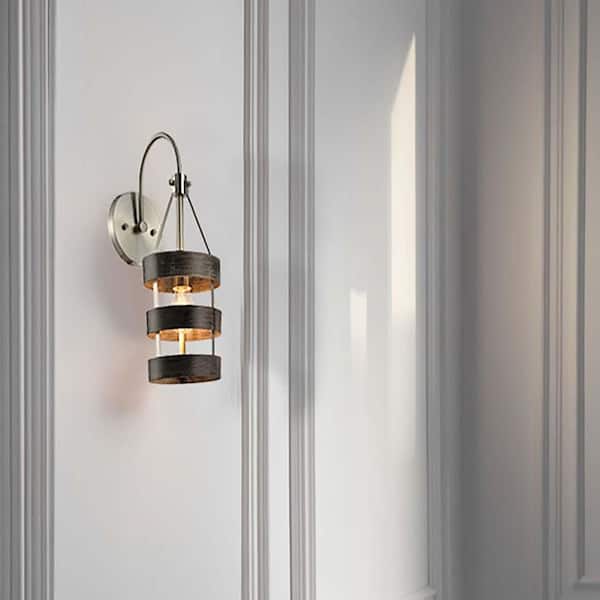 1-Light Brushed Nickel and Walnut Striped Cylindrical Wall Sconce