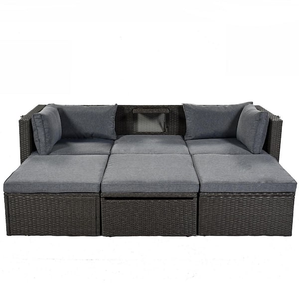 grossag 4-Piece Wicker Outdoor Day Bed with Retractable Canopy, Lifting Table and Gray Cushion