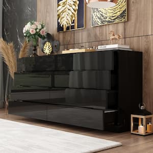63 in. W Wood Double Dresser Chest of-Drawers Bedroom Storage Organizer in Black with High Gloss 8-Drawer and LED Lights