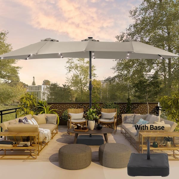 15 ft. x 9 ft. Solar LED Outdoor Double-Sided Umbrella Patio Market Umbrella with Crank and Base in Sand