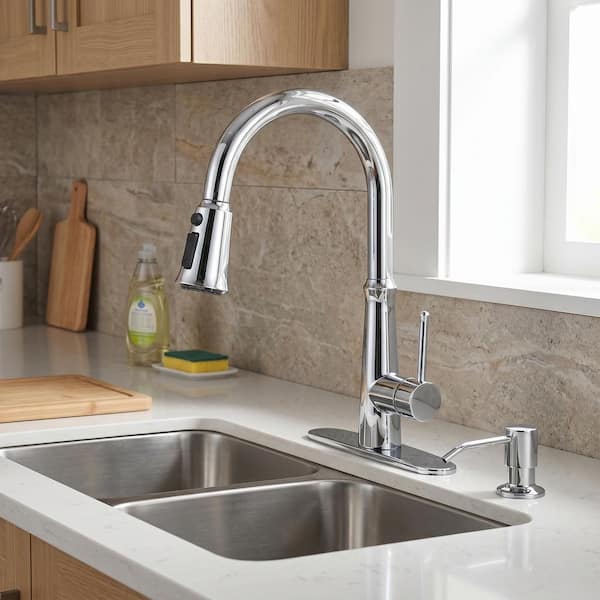 Single Handle Pull Down Sprayer Kitchen Faucet with Deckplate and Soap Dispenser in Brushed Nickel