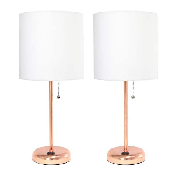 19.5 in. Contemporary Bedside Duo, Rose Gold Table Lamp 2-Pack Set with Power Outlet, White Shades