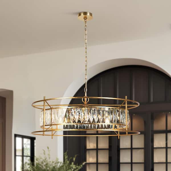 Modern 6-light Vintage Gold Chandelier with Hand-made Crystal for Living Room, Contemporary Glam Drum Ceiling Light