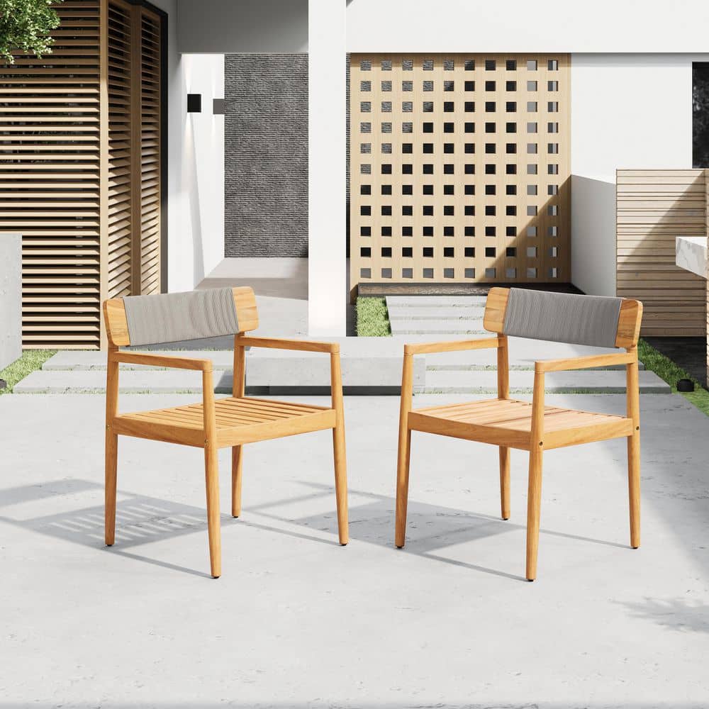 Infinisia Modern Patio Teak Finish Solid Wood and Grey Rope Woven Outdoor Dining Chairs, Set of 2