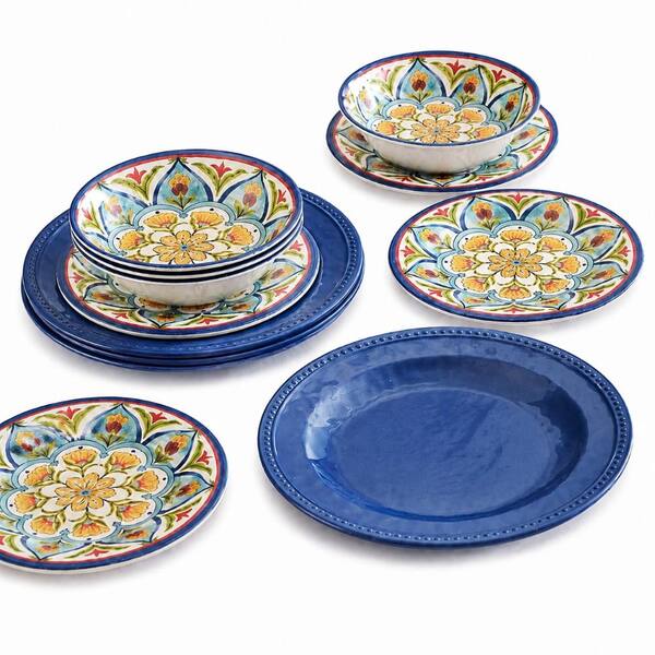 12-Piece Retro Style Melamine Dinnerware Set in Natural Design for 4 with Dinner Plates Salad Plates and Bowls