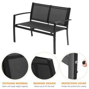 Modern Black 4-Piece Metal Patio Conversation Outdoor Conversation Sets Textilene Lawn Chair with Glass Coffee Table