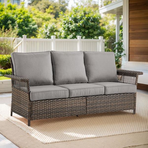 Gymojoy StLouis Brown Wicker Outdoor Couch with Gray Cushions