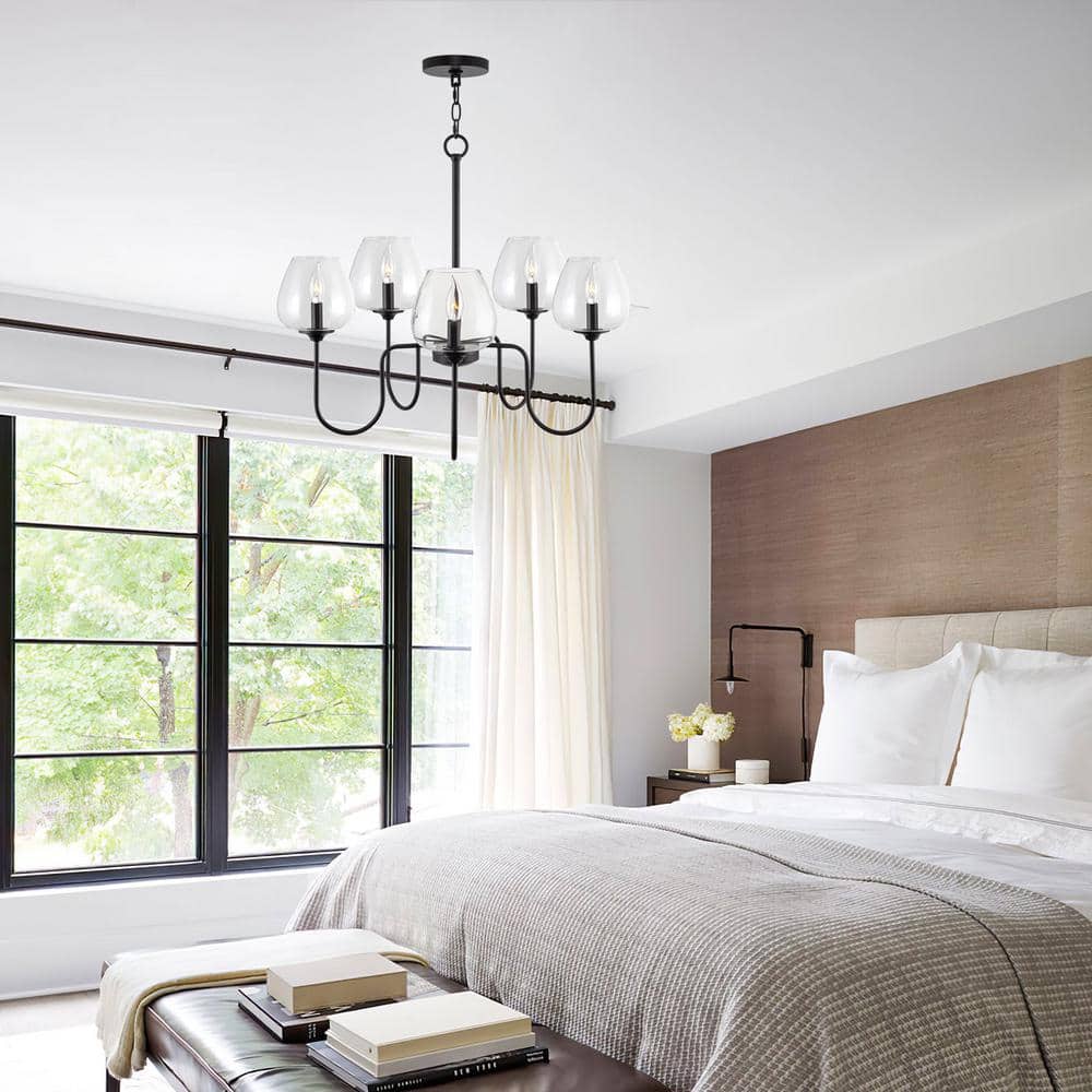 Black 5-Light Modern Chandelier with Clear Glass Shades