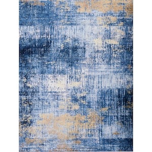 Zara Contemporary Blue/Gold 4 ft. x 6 ft. Washable Super Soft with Abstract Design Area Rug
