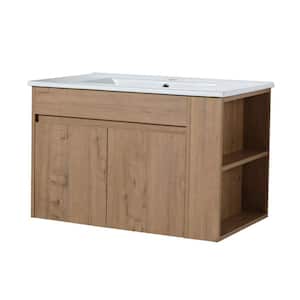 30 in. W x 18.3 in. D x 19.7 in. H Wall Mount Floating Bath Vanity in Imitative Oak with White Ceramic Top