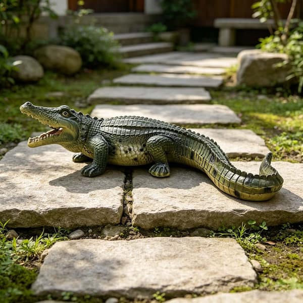 FUNKOL Green 11.4 in. W x 23 in. H Resin Crocodile Garden Statue