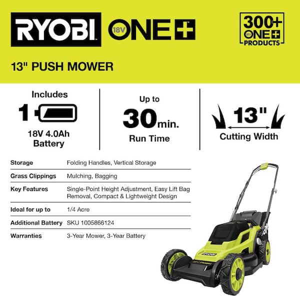RYOBI ONE+ 18V 13 in. Cordless Battery Walk Behind Push Lawn Mower with 4.0  Ah Battery and Charger P1180 - The Home Depot