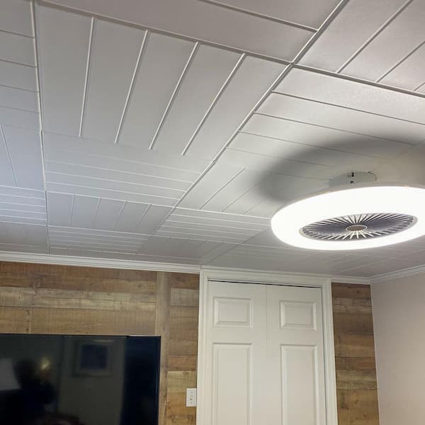 A La Maison Ceilings Bead Board 1.6 ft. x 1.6 ft. Glue Up Foam Ceiling Tile  in Plain White (21.6 sq. ft./case) R104pw-8 - The Home Depot