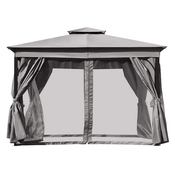 10 ft. x 12 ft. Gray Outdoor Gazebo Tent with Double Roofs and Mosquito Netting