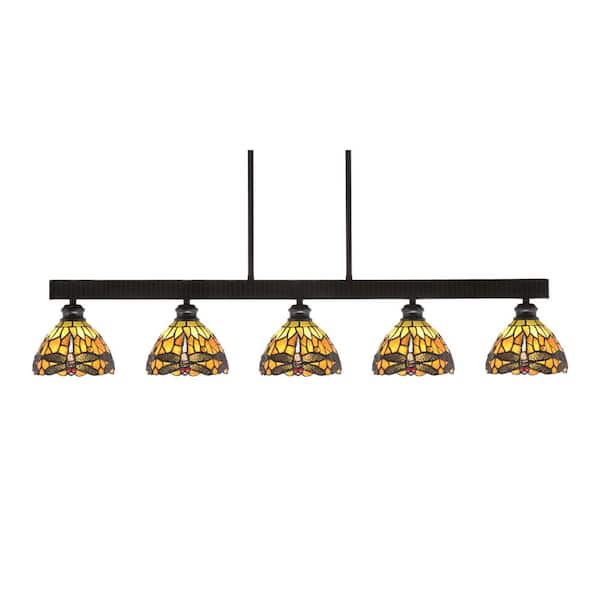 Unbranded Albany 60-Watt 5-Light Espresso Linear Pendant Light with Amber Dragonfly Art Glass Shades and No Bulbs Included