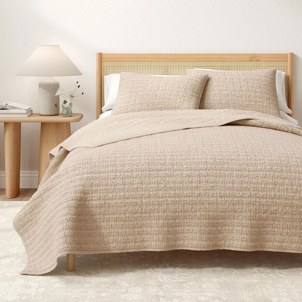 100% Cotton Garment Washed Honeycomb Waffle Quilt and Sham Set, Full/Queen, Cappuccino