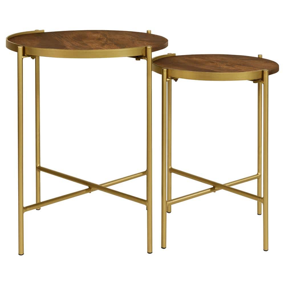 Round Dark Brown and Gold Wood Metal Nesting Tables