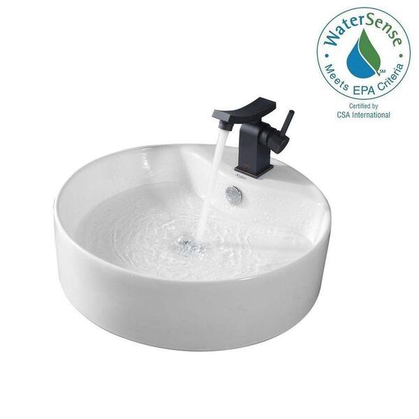 KRAUS Round Ceramic Vessel Sink with Overflow in White with Unicus Basin Faucet in Oil Rubbed Bronze