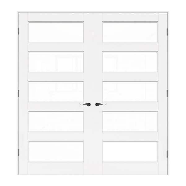 72 in. x 80 in. Universal 5-Lite Clear Glass White Solid Core Wood Double Prehung French Door with Quick Assemble Jamb