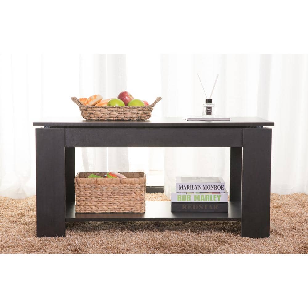 Sleek Black Wood Rectangular Coffee Table with Lift-Top Storage