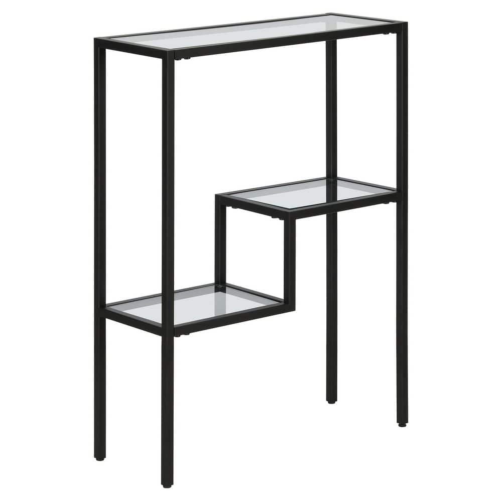 Modern Handcrafted Blackened Bronze Console Table with Tempered Glass Shelves