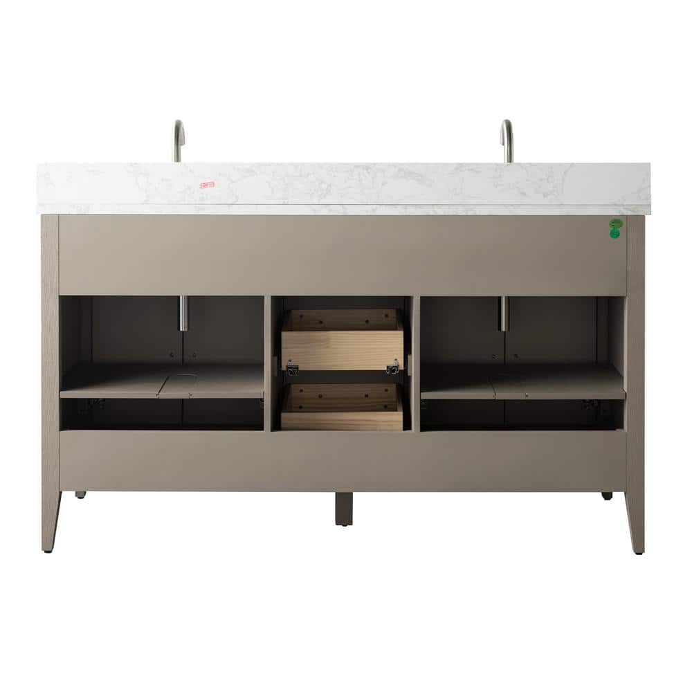 60" Driftwood Gray MDF Double Sink Freestanding Vanity with White Marble Top
