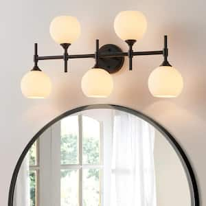 27.75 in. 5-Light Black Vanity Light with Opal Round Glass Shades