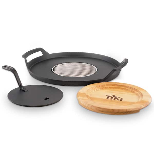 TIKI Fire Pit Griddle, Cast Iron and Grill Combo, fits 16 in. - 21 in. Smokeless Fire Pits, includes Trivet and Gloves, Black