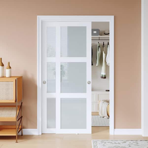 easelife 48 in. x 80 in. 3 Lites Frosted Glass Preassembled White MDF Sliding Door with Bypass Hardware Kit