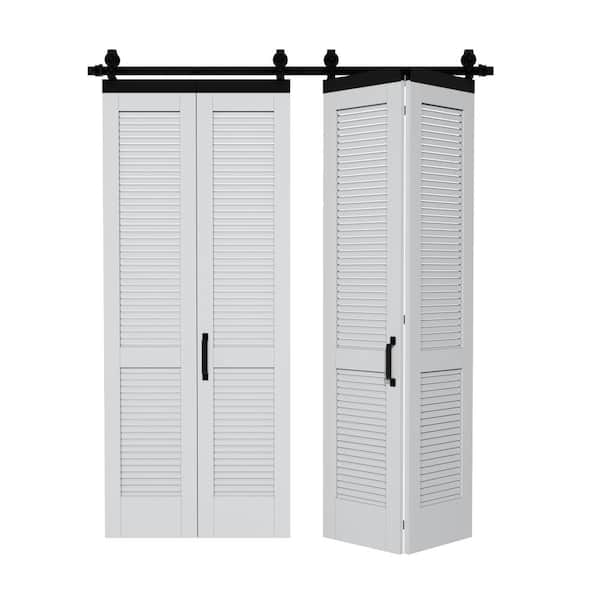 ARK DESIGN 68 in. x 84 in. White Primed Composite Solid Core Pine Wood Louver Bi-Fold Sliding Barn Door with Hardware Kit