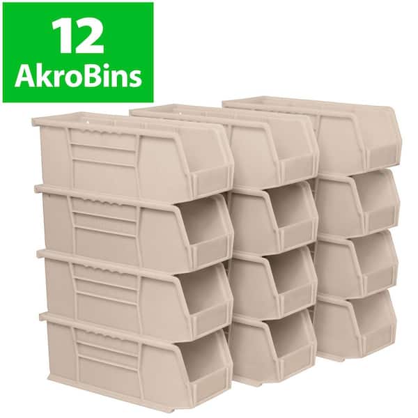 30224 Plastic Stackable Storage Bins, 11 in. x 4 in. x 4 in. Stone Color, 12-pack