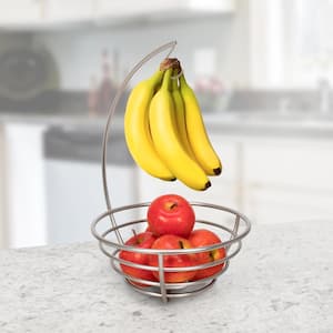 Euro Small Fruit Tree Basket with Banana Hanger Holder, Satin Nickel