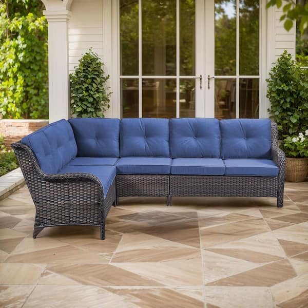 2-Piece Brown Wicker Outdoor Sectional Set with Olefin Blue Cushions/L-Shaped Sofa for Patio Furniture
